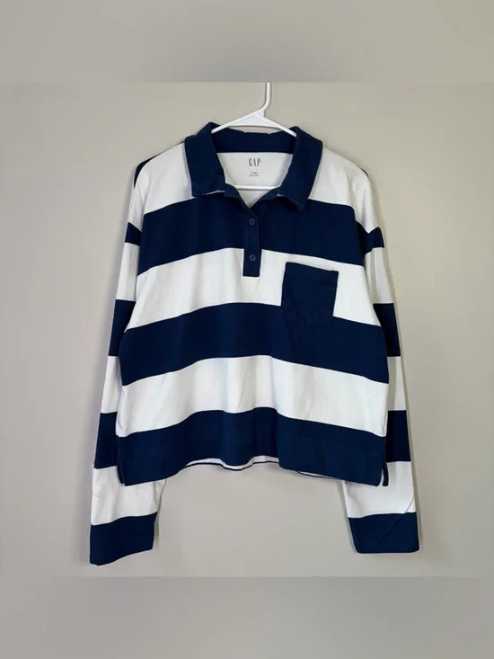GAP Navy Striped Rugby Polo Shirt Size Large TALL - Picture 3 of 11